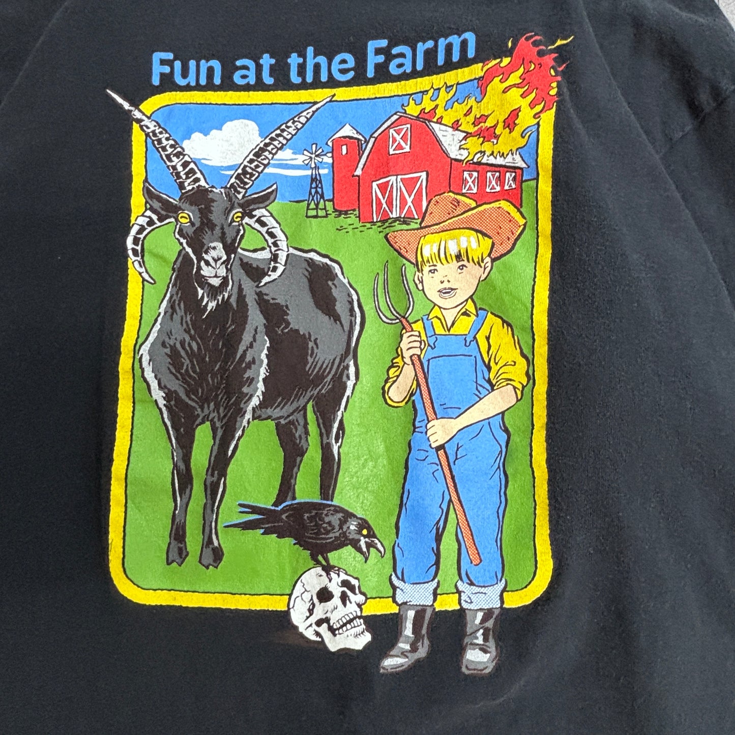 【STEVEN RHODES “Fun at the Farm” ロングスリーブTシャツ ブラック】スティーブンローズ 長袖 プリントT 古着/4-52