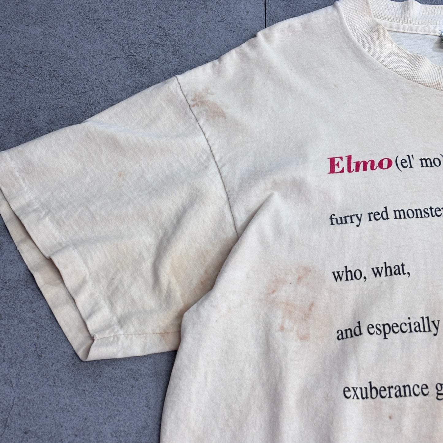【Sesame Street Elmo プリントTシャツ】エルモ キャラクターT 生成り セサミストリート 古着/5-5
