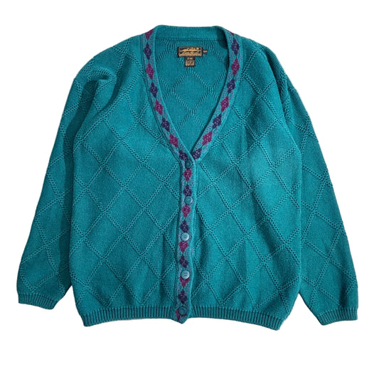 Eddie Bauer 80s〜90s コットンニットカーディガン / ターコイズブルー / ダイヤ柄 / Sサイズ1-13