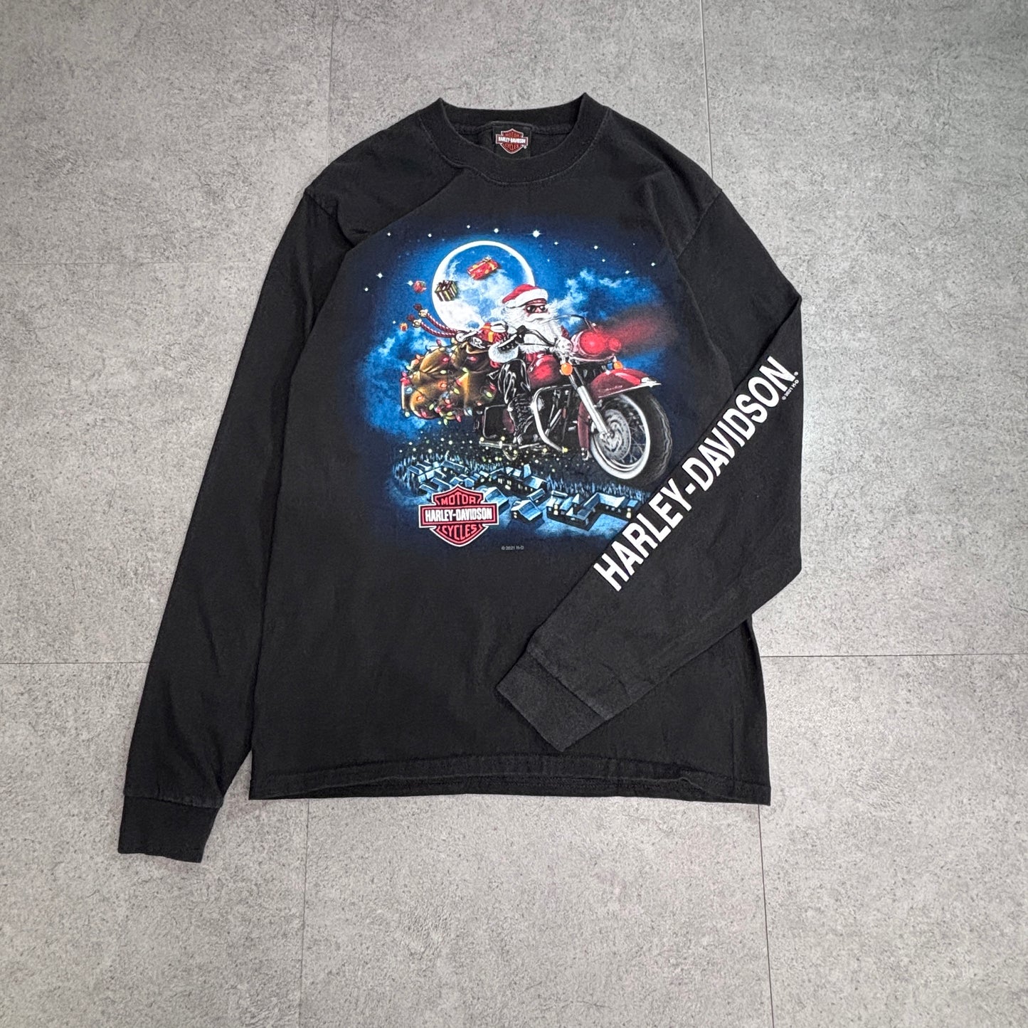 【HARLEY-DAVIDSON サンタクロース バイク クリスマス ロングスリーブTシャツ】2021年 M ブラック 両面プリント 袖プリント/8-44