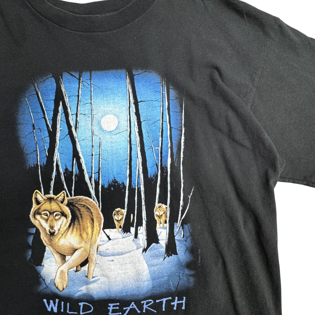 WILD EARTH オオカミ アニマルプリント Tシャツ ブラックXL/7-63