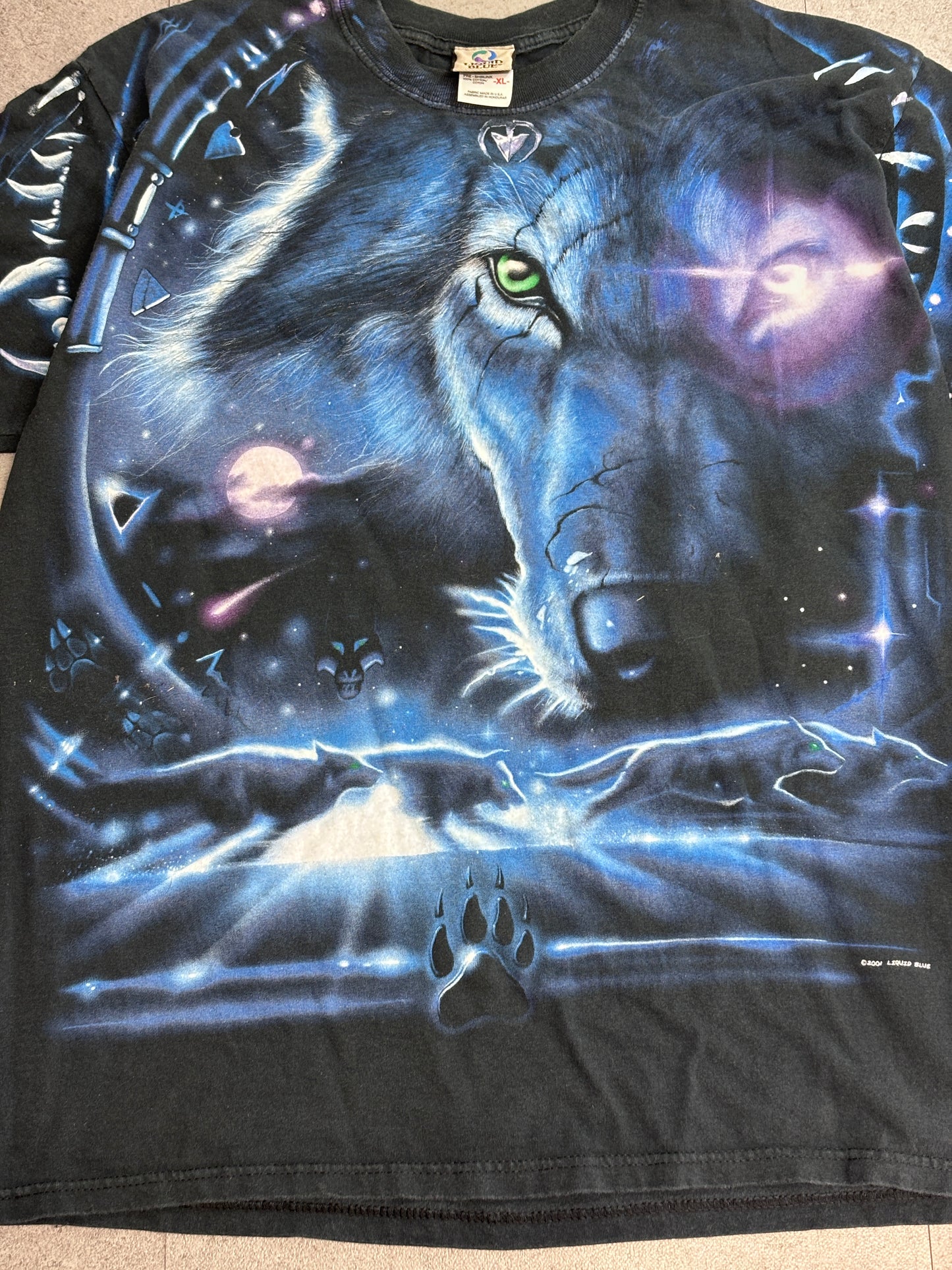 2001 LIQUID BLUE ウルフ フルプリントTシャツ USA製生地 オオカミ アニマルT ブラック XL/4-26