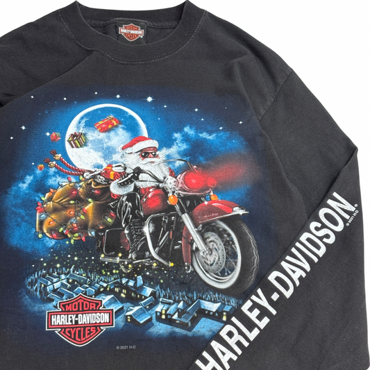 【HARLEY-DAVIDSON サンタクロース バイク クリスマス ロングスリーブTシャツ】2021年 M ブラック 両面プリント 袖プリント/8-44