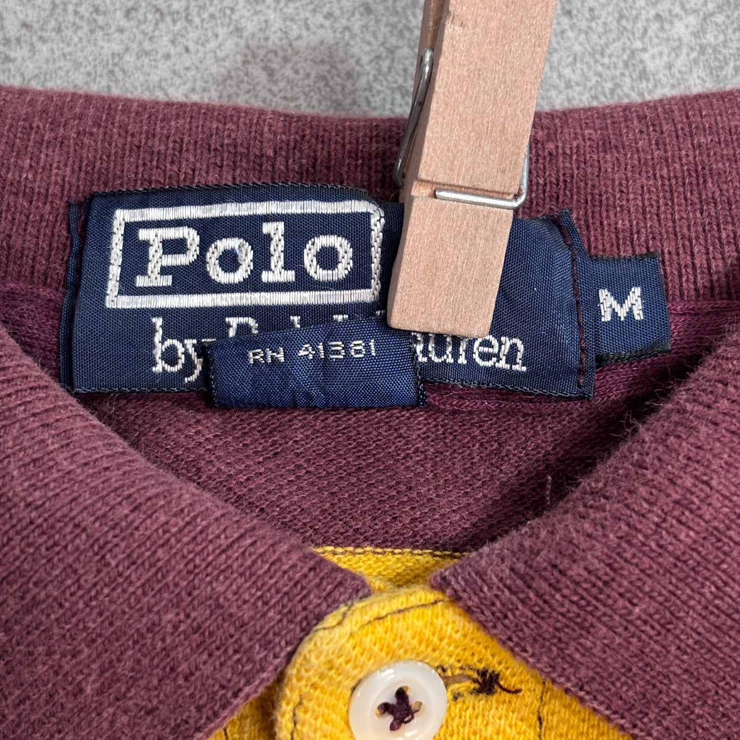 【Polo by Ralph Lauren ボーダー 長袖ラガーシャツ】USA製 M イエロー×バーガンディ ポニー刺繍 古着/8-55