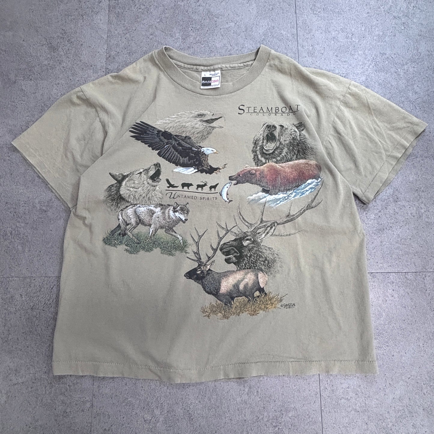 【STEAMBOAT COLORADO アニマルプリントTシャツ】USA製 BASICS 90s ネイチャー アウトドア L/7-29