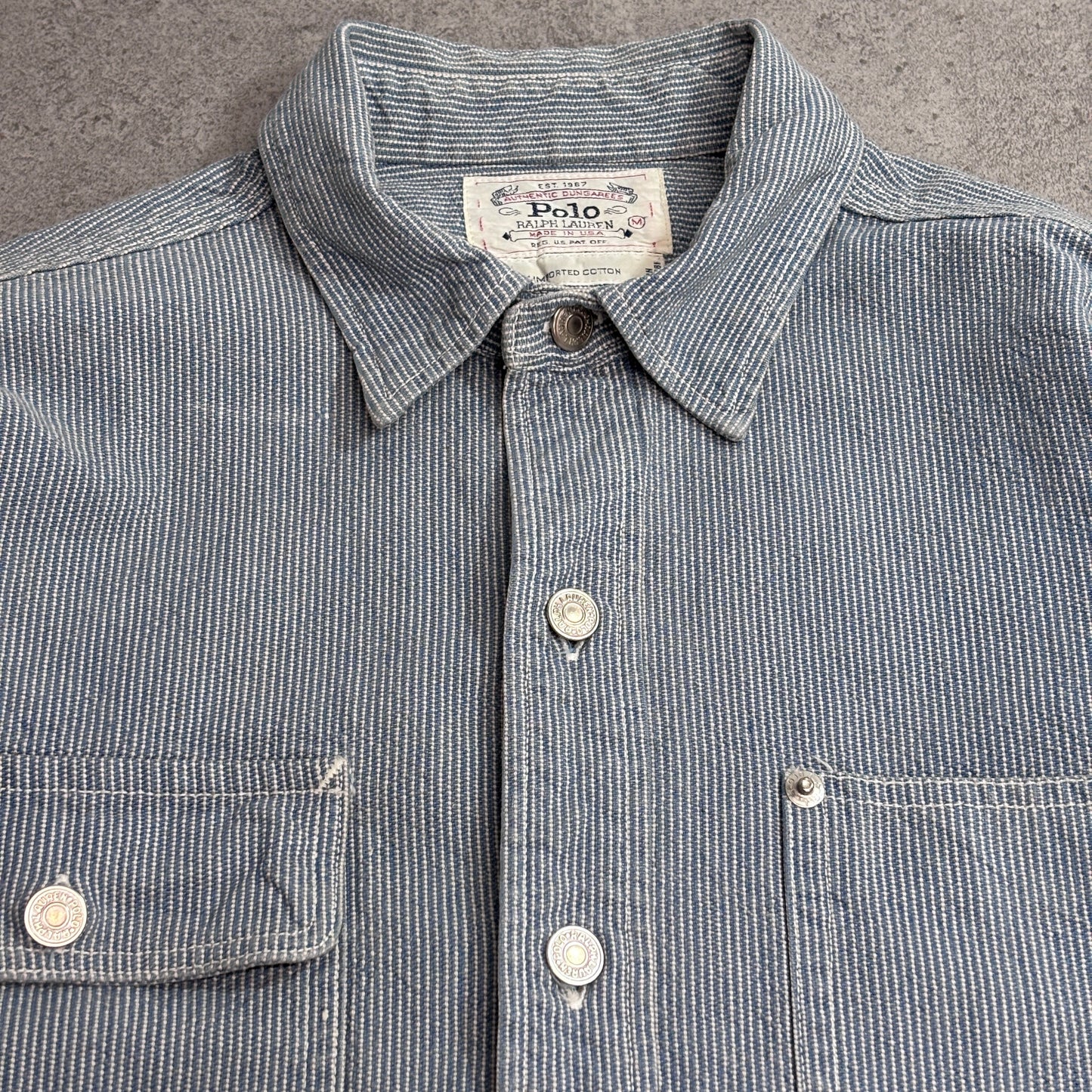 【Polo Ralph Lauren ヒッコリーストライプ ワークシャツ】ポロ ラルフローレン USA製 100%コットン 長袖シャツ 古着/8-8