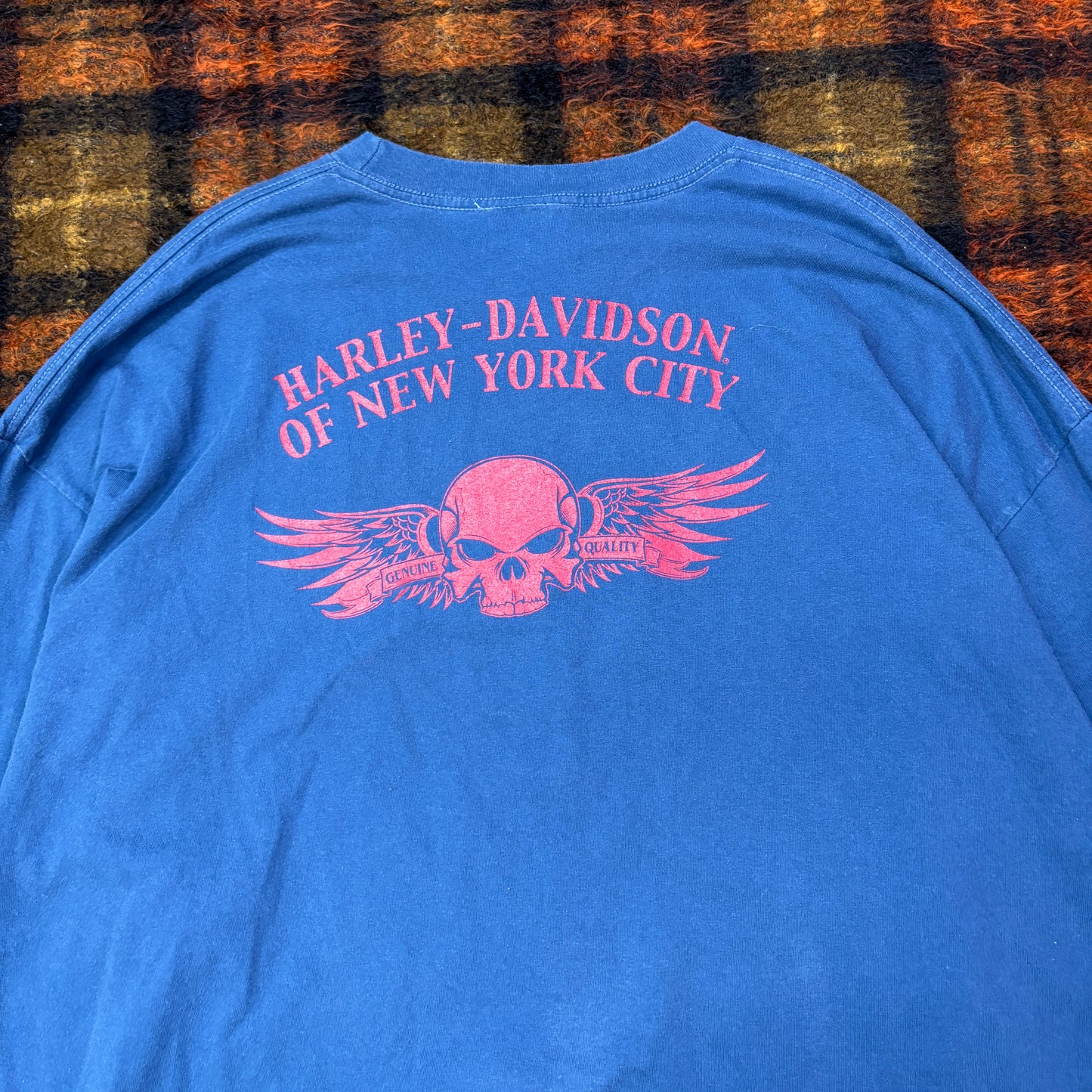 90s Harley-Davidson ロングスリーブTシャツ 3XL NYC スカル×ファイヤーパターン 青 ブルー