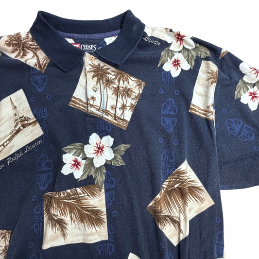 【CHAPS Ralph Lauren 総柄ポロシャツ】XXL ネイビー ハワイアン リゾート 総柄 半袖 コットン CHAPS Ralph Lauren/7-4