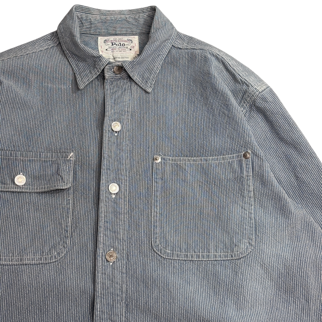 【Polo Ralph Lauren ヒッコリーストライプ ワークシャツ】ポロ ラルフローレン USA製 100%コットン 長袖シャツ 古着/8-8