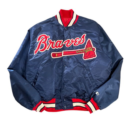 90s USA製 STARTER “MLB DIAMOND COLLECTION” ATLANTA BRAVES サテン スタジャン L ネイビー×レッド ビッグロゴ
