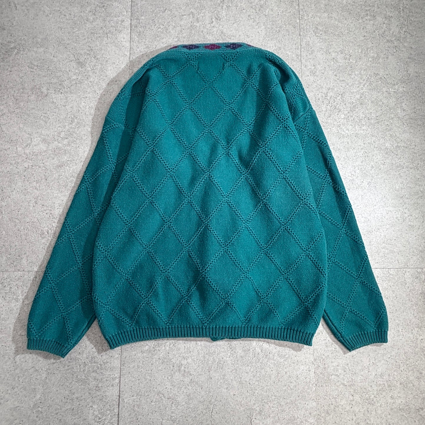 Eddie Bauer 80s〜90s コットンニットカーディガン / ターコイズブルー / ダイヤ柄 / Sサイズ1-13