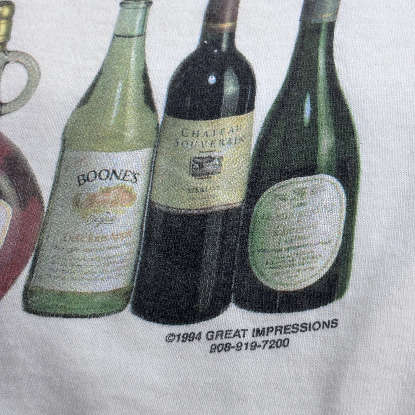 【90s GREAT IMPRESSIONS ワインボトル 総柄Tシャツ】ホワイト USA製 FRUIT OF THE LOOM XL 1994年コピーライト/8-48