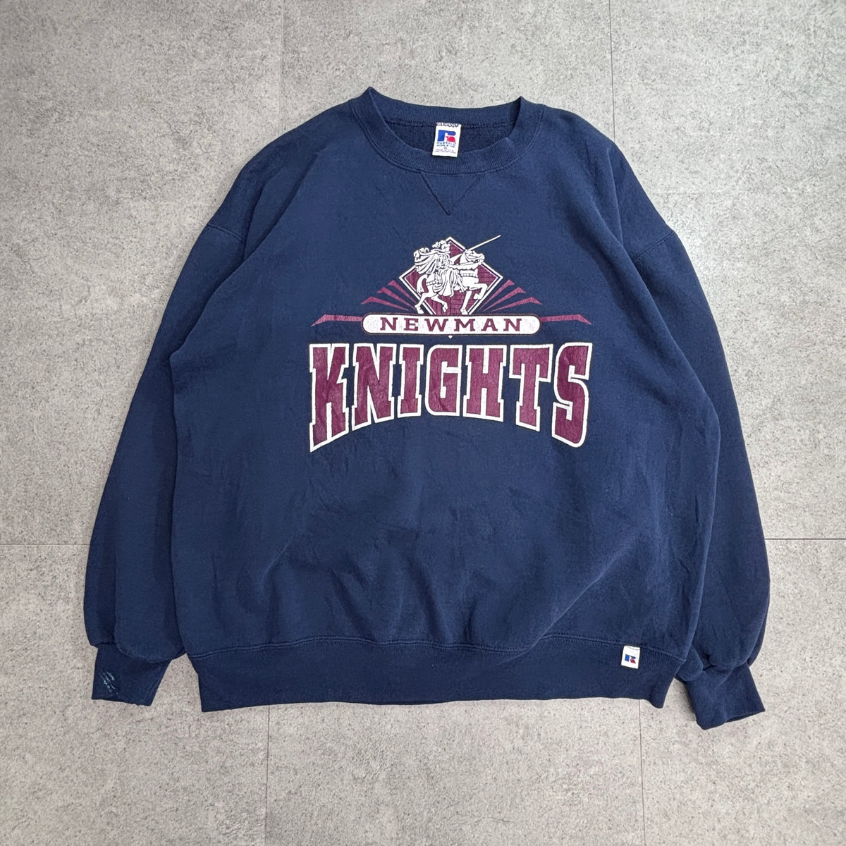 【90s Russell Athletic NEWMAN KNIGHTS スウェット】USA製 XL ラッセルアスレチック カレッジ ネイビー 古着/9-8