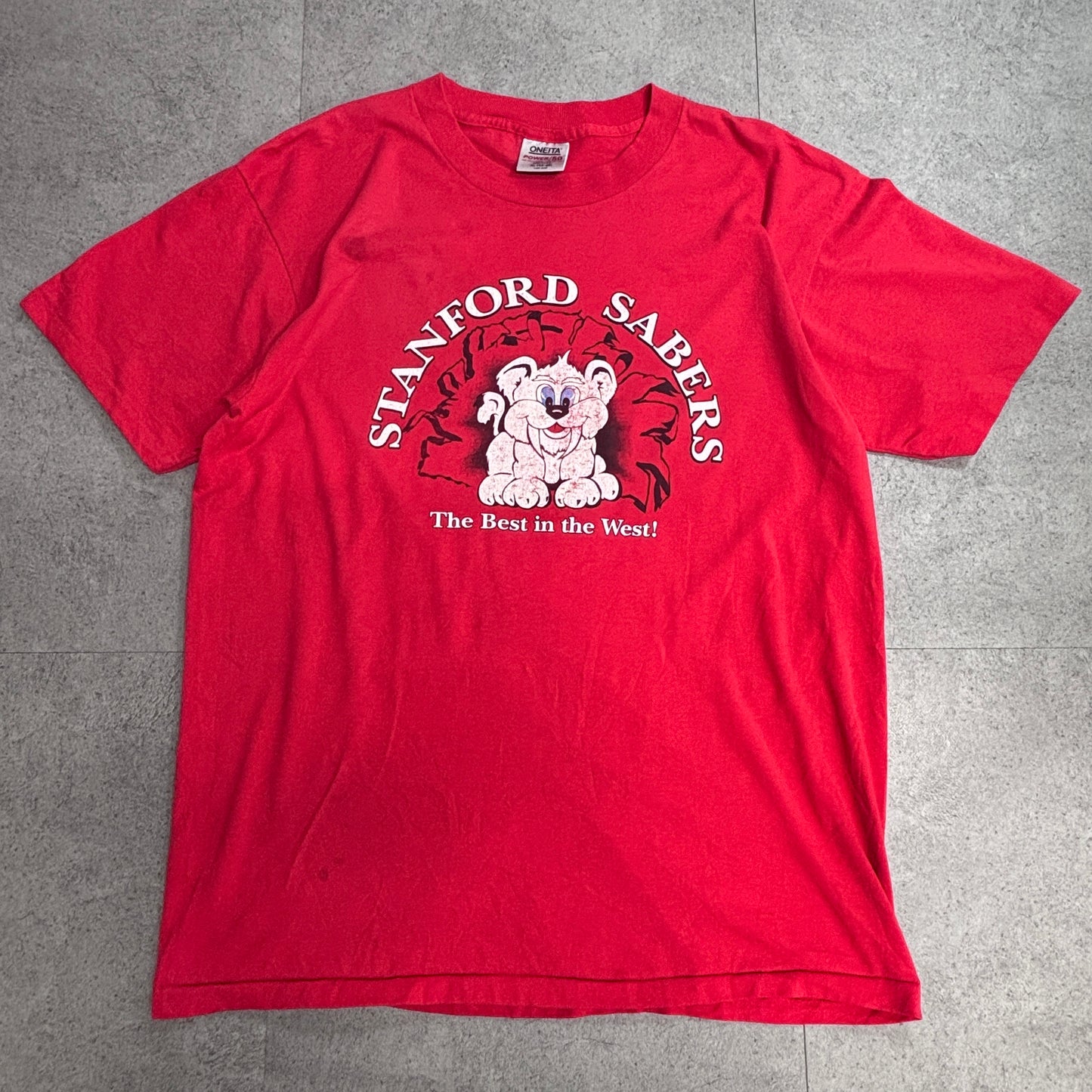 【ONEITA POWER 50/50】STANFORD SABERS アニマルキャラクター プリントTシャツ USA製 レッド/7-38