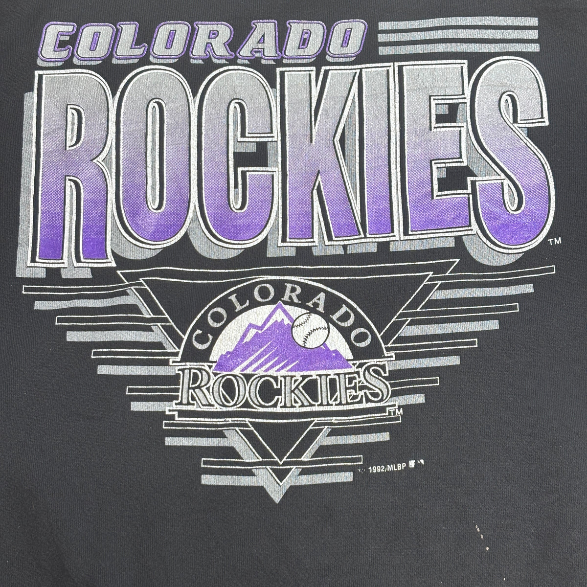【90s COLORADO ROCKIES MLB スウェット】コロラド・ロッキーズ 1992 コピーライト LOGO 7 ブラック XL USA古着/9-6