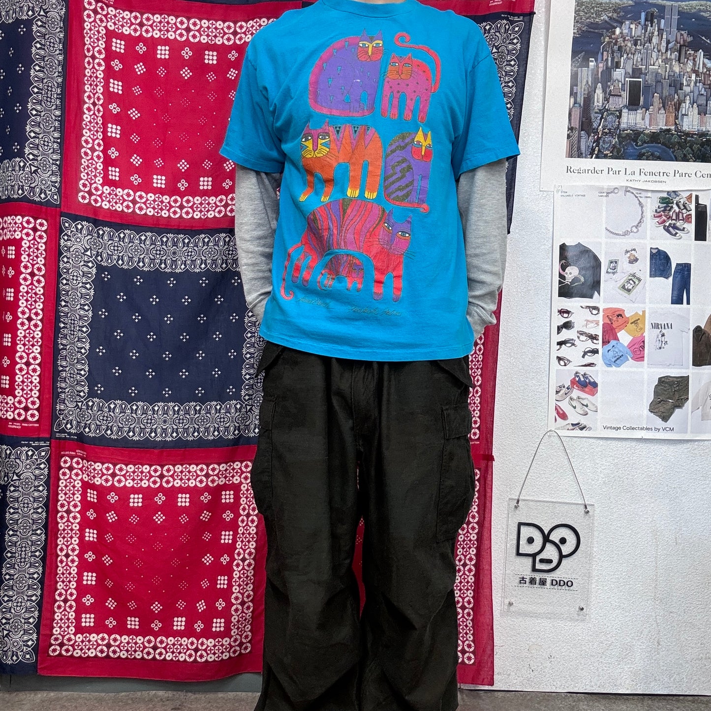 90s Laurel Burch Cat アートTシャツ USA製 シングルステッチ｜カラフル猫デザイン ヴィンテージ/3-47