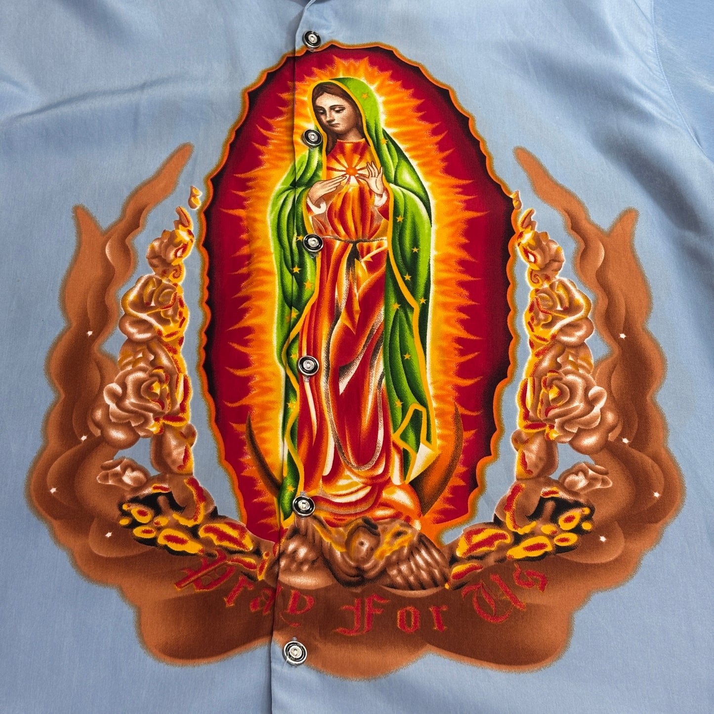 【Our Lady of Guadalupe 半袖シャツ】聖母グアダルーペ マリア 総柄 両面プリント RENEGADE オープンカラー メキシカン チカーノ 古着/8-34