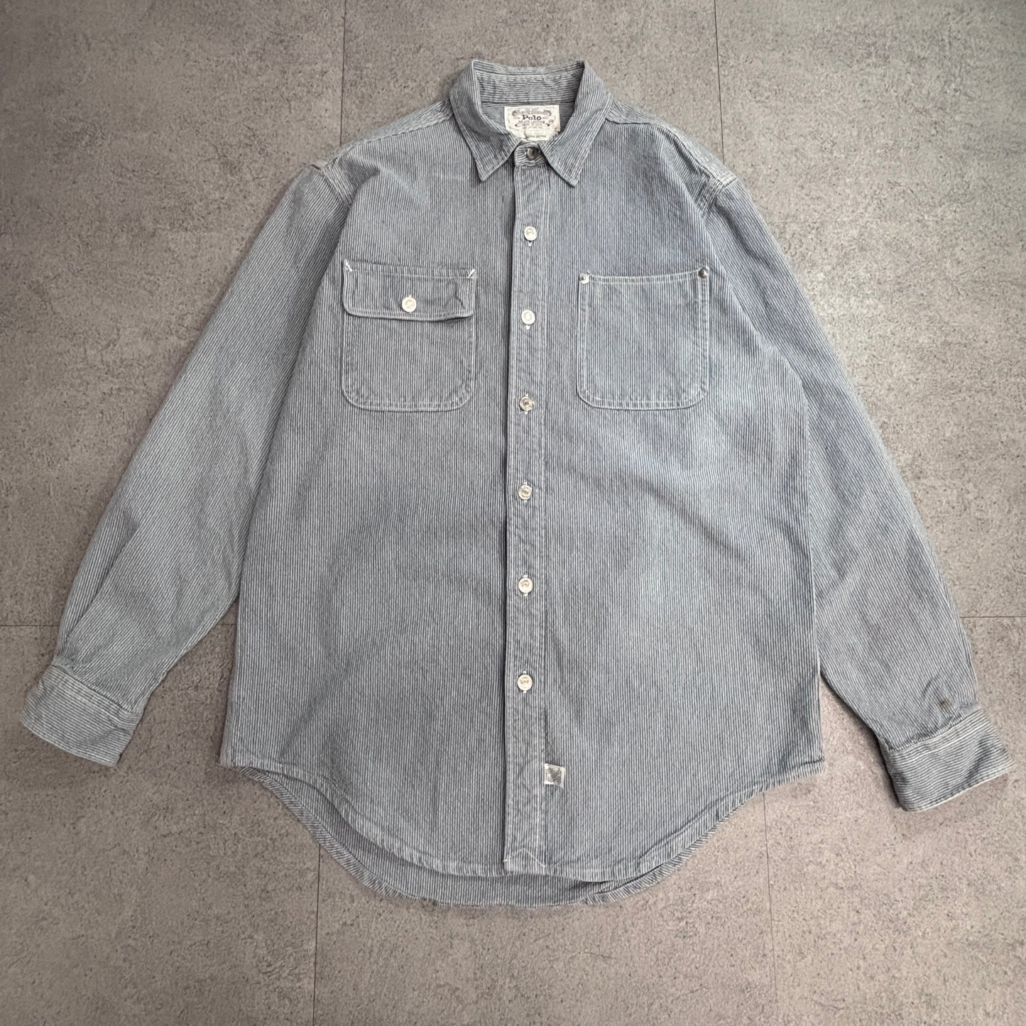 【Polo Ralph Lauren ヒッコリーストライプ ワークシャツ】ポロ ラルフローレン USA製 100%コットン 長袖シャツ 古着/8-8