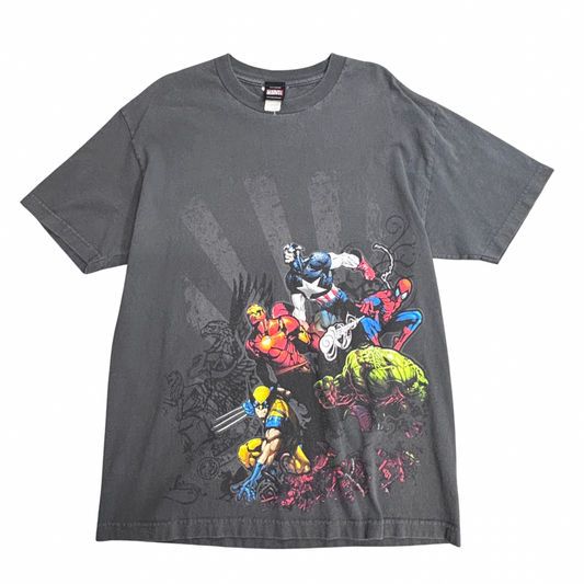 MARVEL マーベル アメコミ ヒーロー集合プリントTシャツ グレー系 XL MAD ENGINE キャラクターT/4-7