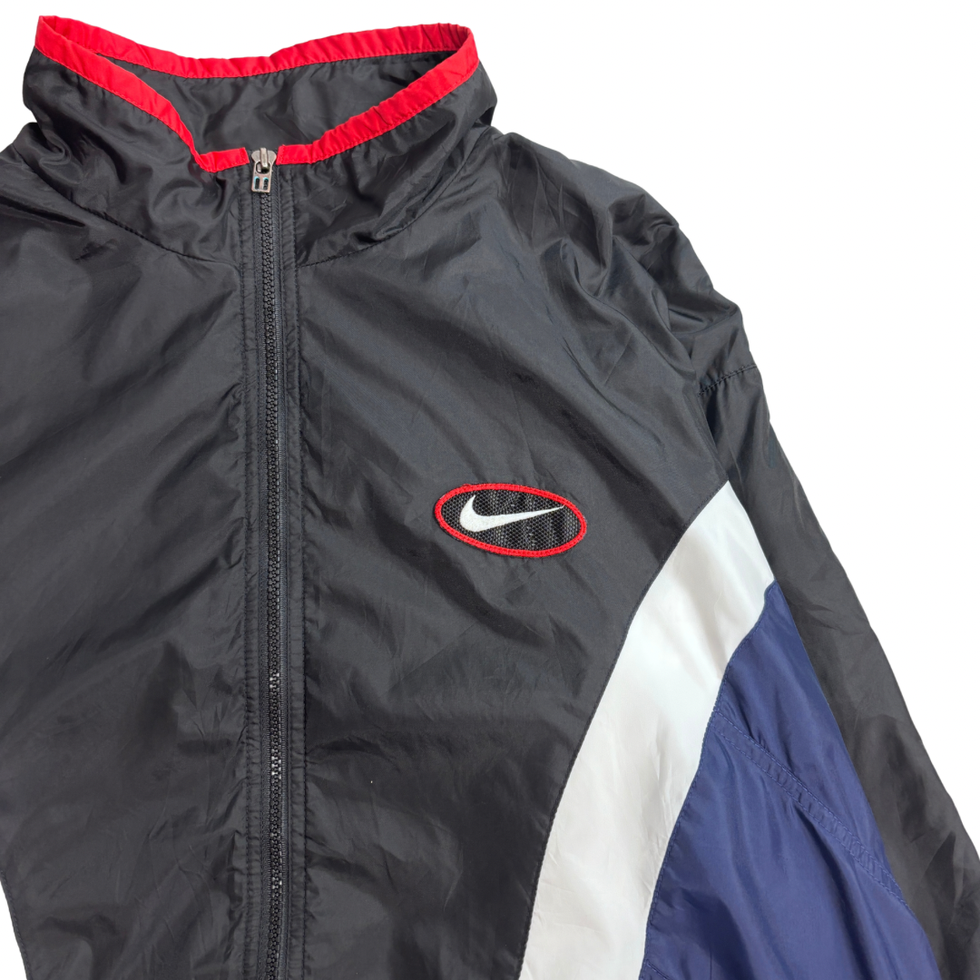 【90s NIKE ナイキ ナイロンジャケット】ビッグスウッシュ 刺繍ロゴ XL ブラック×ネイビー×ホワイト×レッド マレーシア製 古着/9-1