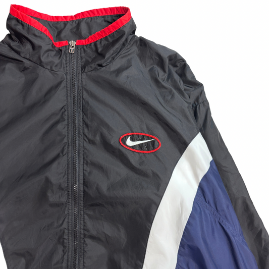 【90s NIKE ナイキ ナイロンジャケット】ビッグスウッシュ 刺繍ロゴ XL ブラック×ネイビー×ホワイト×レッド マレーシア製 古着/9-1