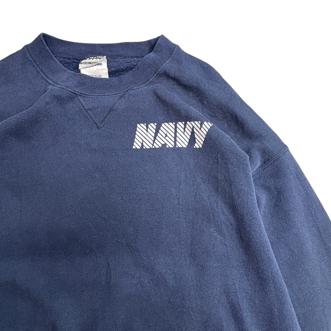 【U.S. NAVY SOFFE USA製 スウェット】ネイビー L 両面プリント ミリタリー アメリカ海軍 古着/9-14