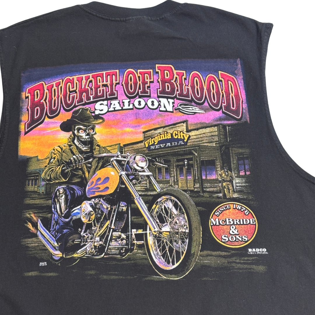 【BUCKET OF BLOOD SALOON バックプリント ノースリーブTシャツ】McBride & Sons スカル バイカー ALSTYLE 2XL ブラック メキシコ製 古着/7-88