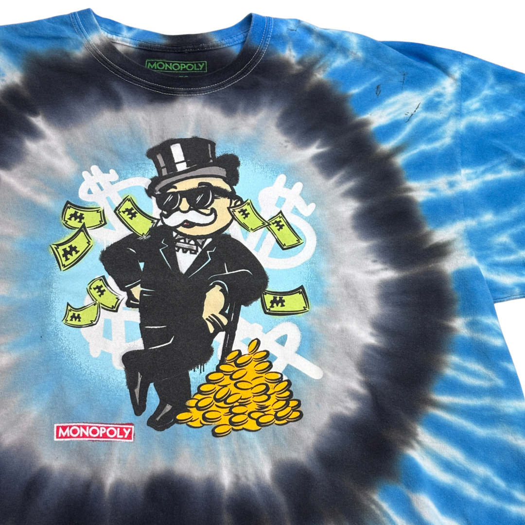 【MONOPOLY タイダイプリントTシャツ】モノポリー Mr. Monopoly お金柄 XL ハイチ製 キャラクターT 古着/8-7
