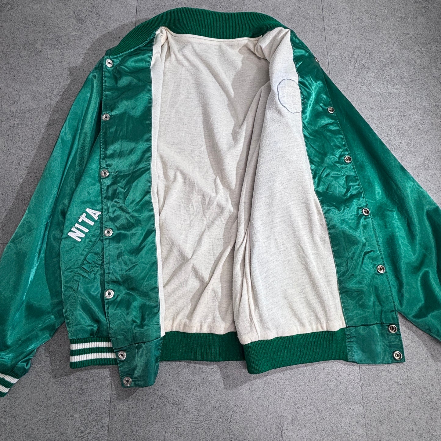7UP ナイロンスタジャン / 企業ロゴ刺繍 / グリーン × ホワイト / 80s〜90s アドバタイジングジャケット1-7