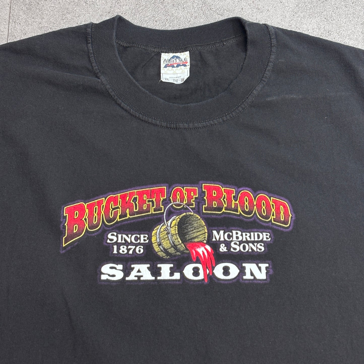 【BUCKET OF BLOOD SALOON バックプリント ノースリーブTシャツ】McBride & Sons スカル バイカー ALSTYLE 2XL ブラック メキシコ製 古着/7-88