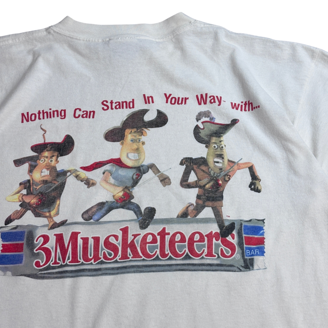 【3Musketeers プリントTシャツ】スリーマスケティアーズ チョコレートバー GILDANボディ XL 企業T 古着/8-6