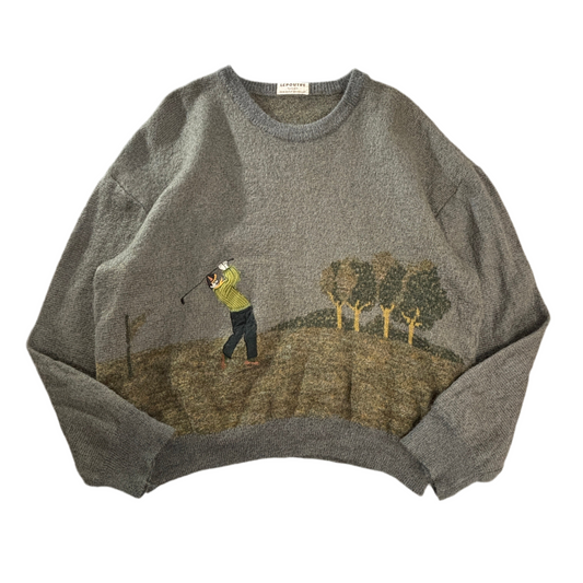 LEPOUTRE TAILOR “Golf Scene” アートニット セーター グレー 80s–90s/ ベルギー ブリュッセルタグ ウール調 ジャカード ゴルフ柄 Vintage