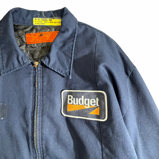 【RED KAP × Budget ワークジャケット L-RG】USA製 TALONジップ 中綿キルティング 企業ロゴ ネイビー ヴィンテージ/2-90