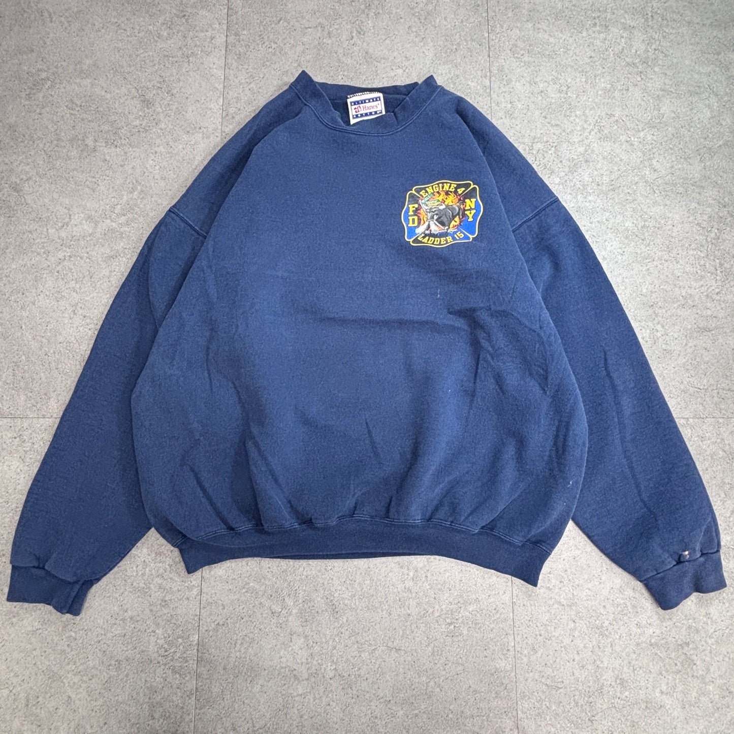 90s Hanes ULTIMATE COTTON FDNY スウェット ENGINE4 LADDER15 消防 プリントスウェット ネイビー USAデザイン/3-25