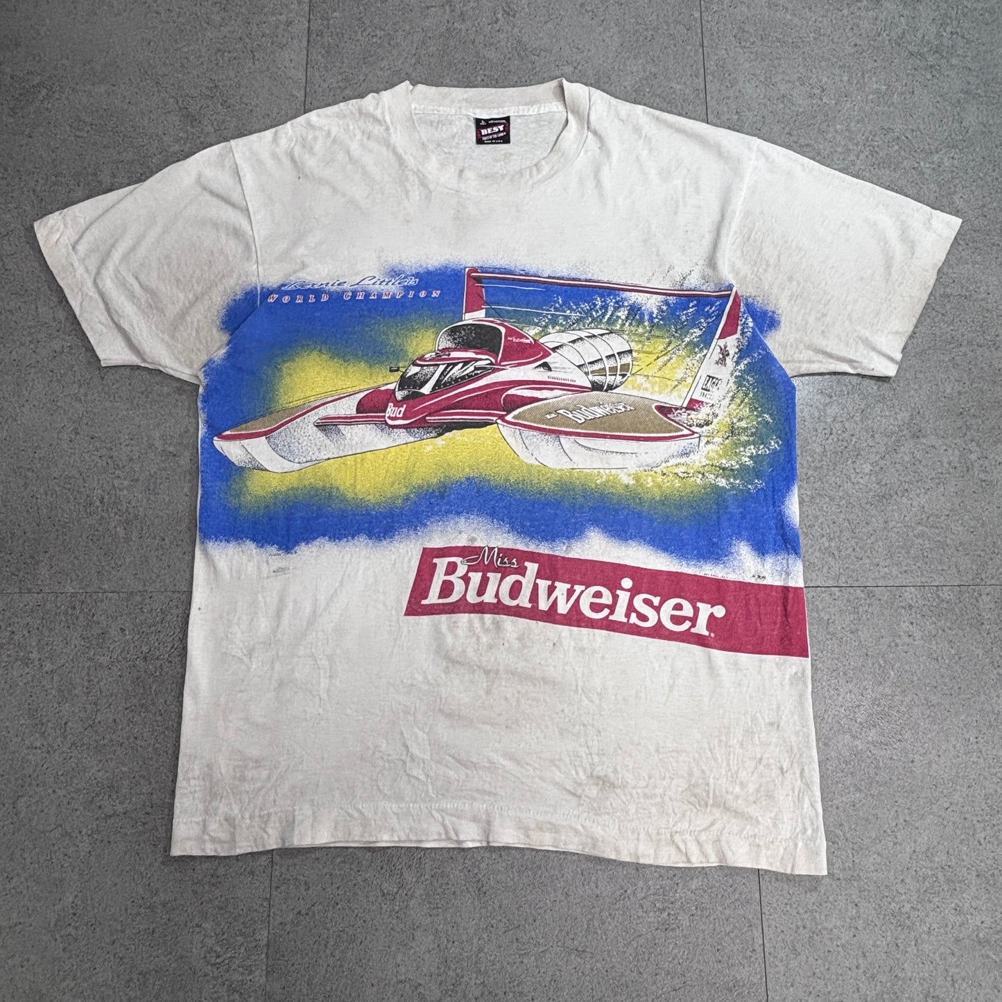 【Budweiser 1991 Miss Budweiser プリントTシャツ】バドワイザー ハイドロプレーン Bernie Little WORLD CHAMPION USA製 90s BEST Fruit of the Loom 古着/8-33