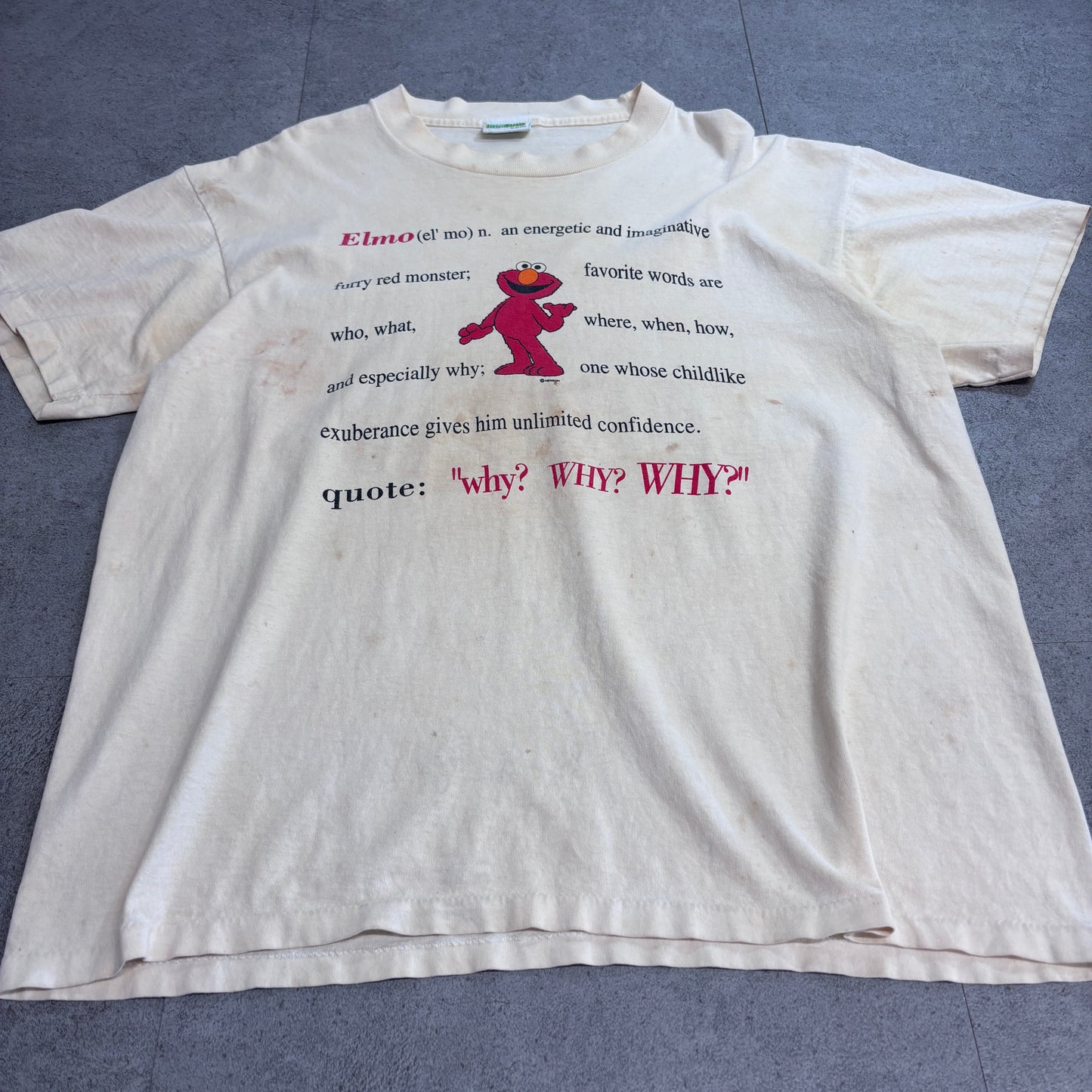 【Sesame Street Elmo プリントTシャツ】エルモ キャラクターT 生成り セサミストリート 古着/5-5