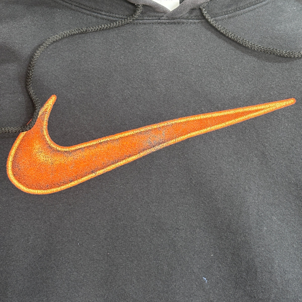 【90s NIKE ビッグスウッシュ パーカー】ナイキ ブラック フェード オレンジスウッシュ XL 銀タグ 古着/9-5