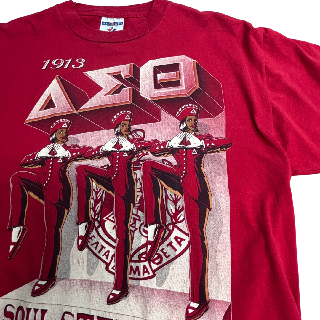 【USA製 JERZEES】Delta Sigma Theta “SOUL STEPPIN’” プリントTシャツ 1990年代 レッド/7-39