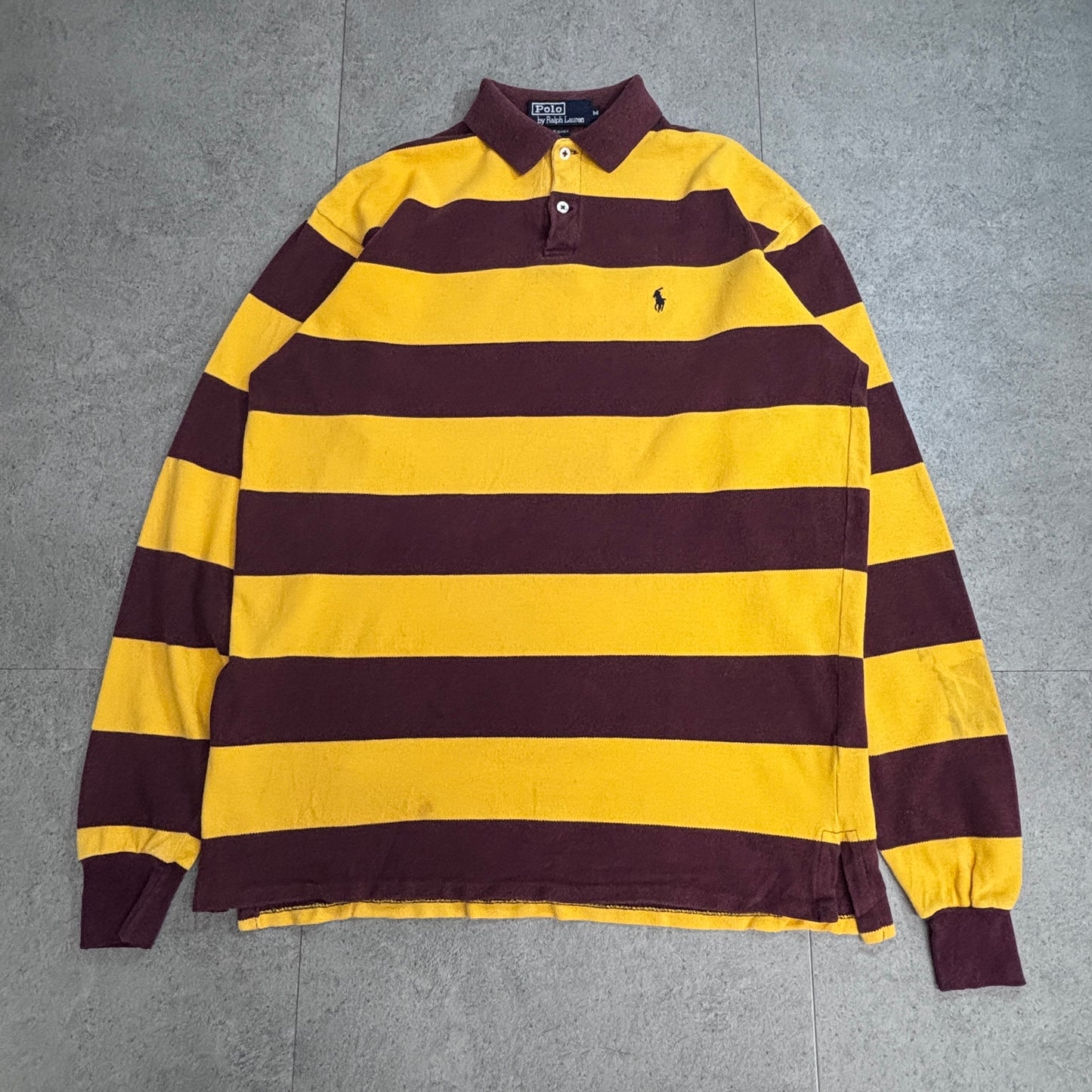 【Polo by Ralph Lauren ボーダー 長袖ラガーシャツ】USA製 M イエロー×バーガンディ ポニー刺繍 古着/8-55