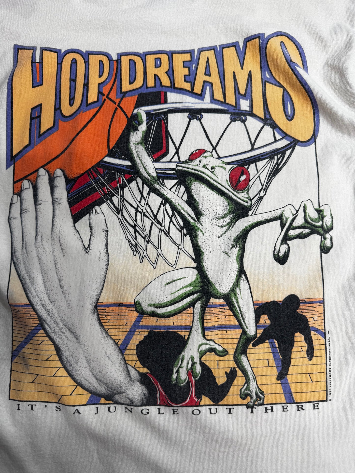 【1996 LIFEforms International “HOP DREAMS” フロッグ バスケットボール プリントTシャツ】90s アートTシャツ ホワイト 古着/8-62