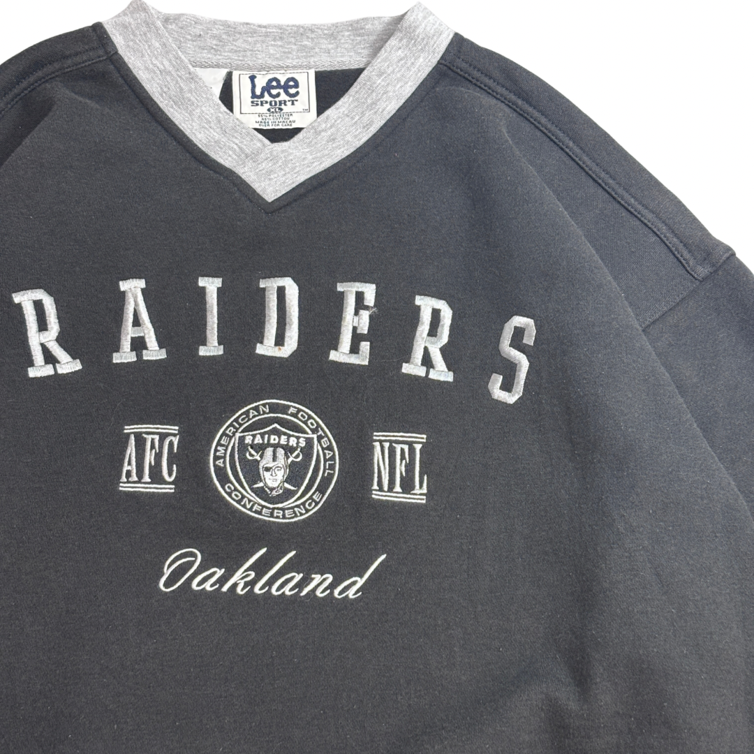 【90s Lee SPORT Oakland Raiders Vネックスウェット】NFL レイダース 刺繍 ブラック XL相当 古着/8-71