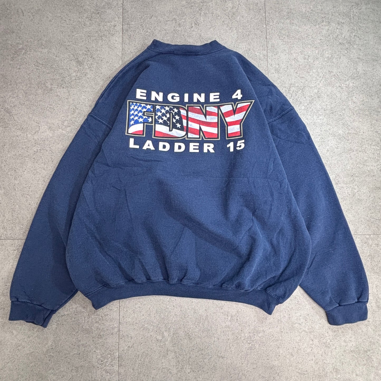 90s Hanes ULTIMATE COTTON FDNY スウェット ENGINE4 LADDER15 消防 プリントスウェット ネイビー USAデザイン/3-25
