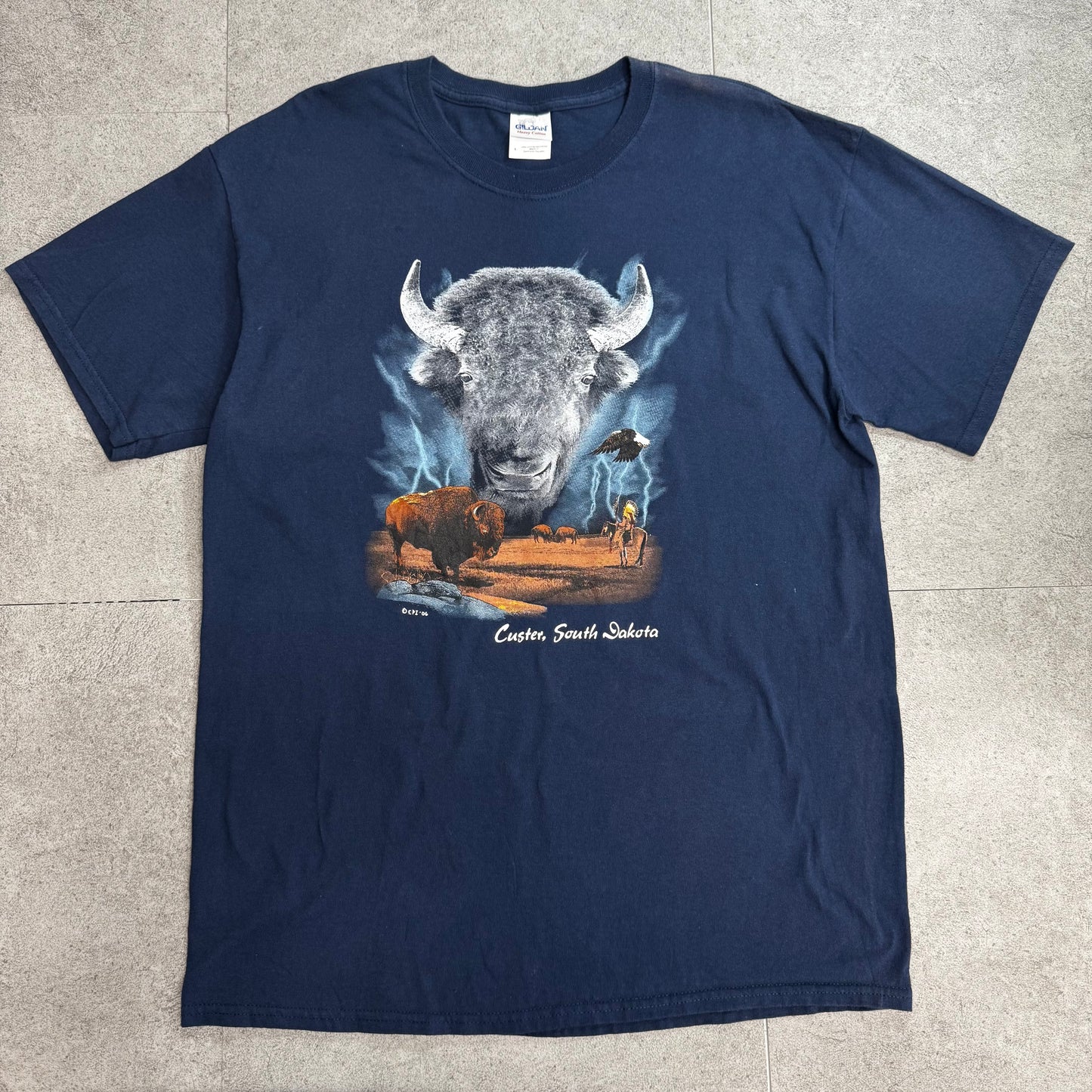 2006 GILDAN Custer, South Dakota バイソン アニマルプリント Tシャツ ネイビー/7-62
