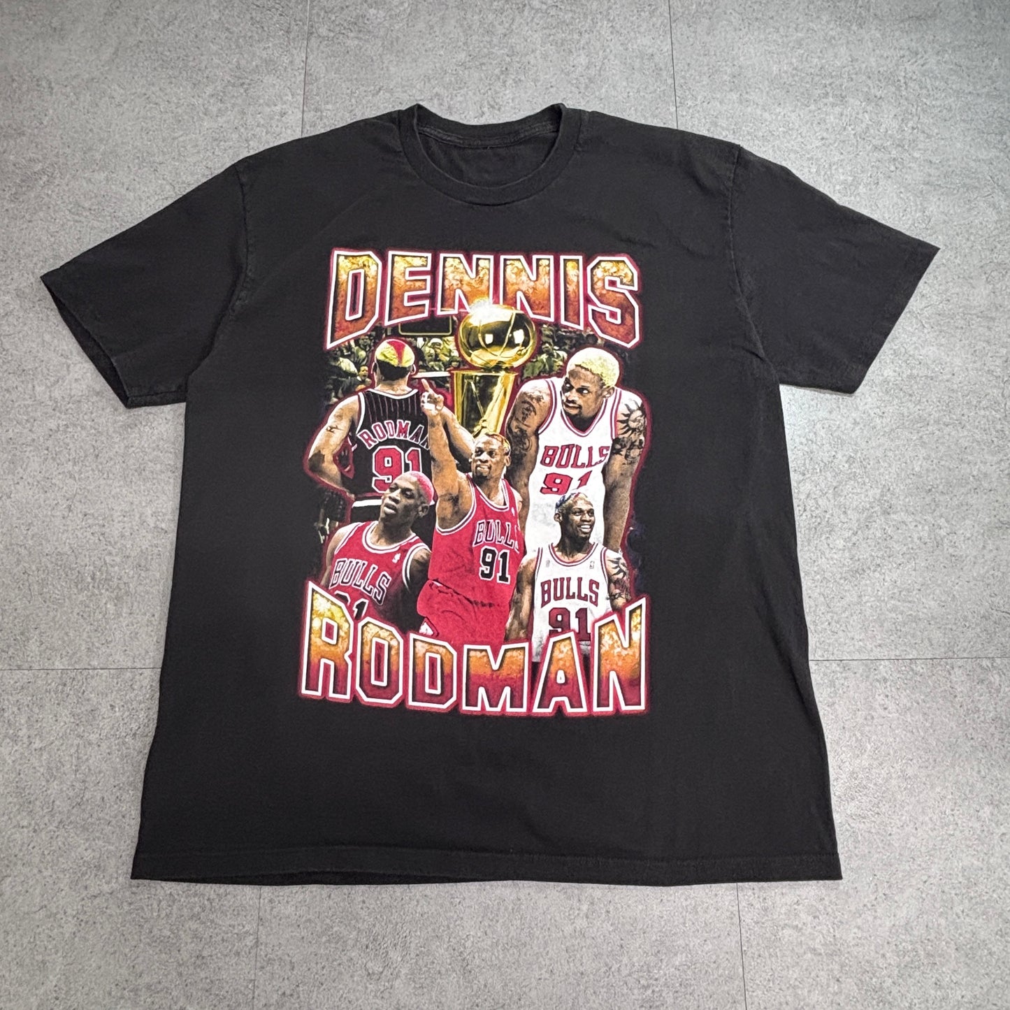 【Dennis Rodman プリントTシャツ】デニス・ロッドマン シカゴ・ブルズ 91 バスケT NBA系 ブラック 古着/7-112