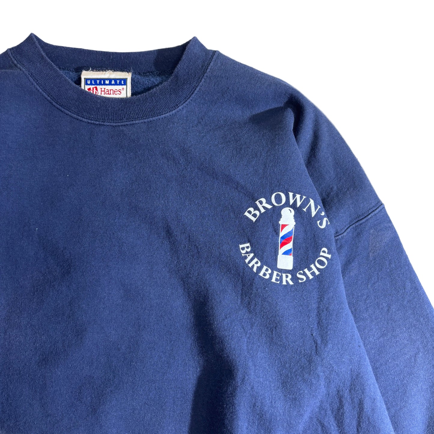 【90s Hanes ULTIMATE “BROWN’S Old Fashioned BARBER SHOP” スウェット XL】バックプリント 企業系 バーバーショップ アドバタイジング/2-77