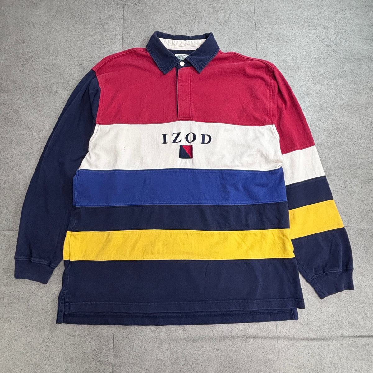 【90s IZOD アイゾッド 長袖ラガーシャツ】マルチボーダー 刺繍ロゴ L 100%コットン マレーシア製 古着/9-2