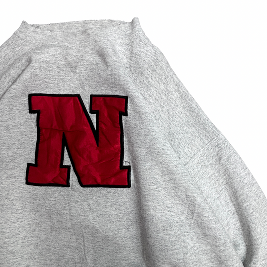 【90s USA製 TEAM EDITION APPAREL “N” ワッペン スウェット XL】ヴィンテージ チームエディション カレッジロゴ グレー クルーネック/2-108