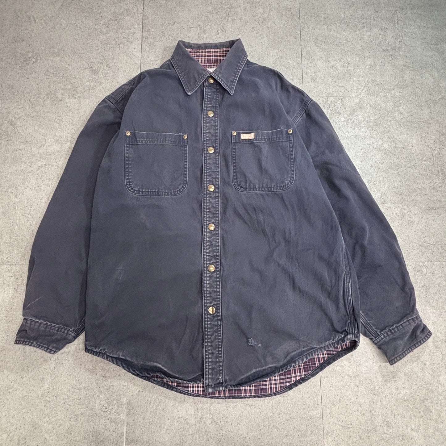 【Carhartt チェック裏地 ダック ワークシャツジャケット】ブラック系 M スナップボタン フェード 古着/8-37