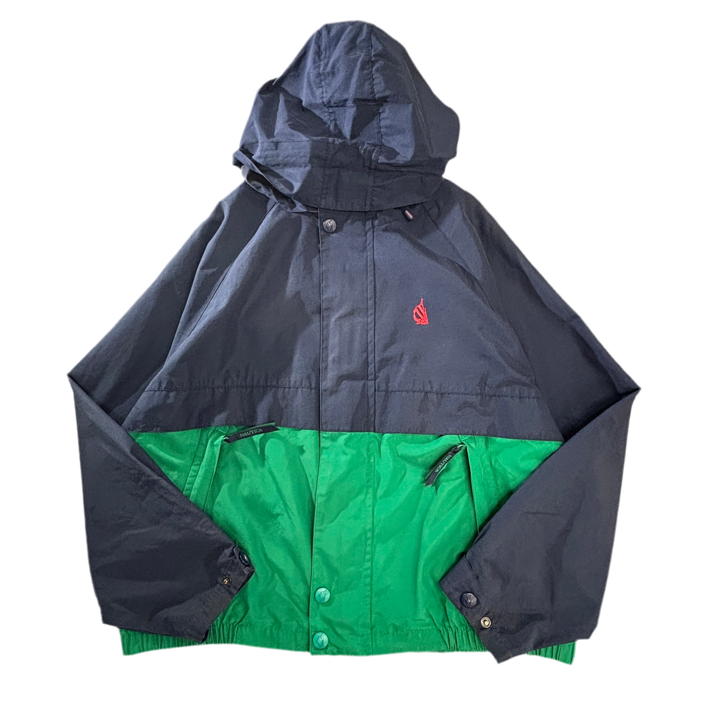 NAUTICA 90s ツートーン パッカブルフード セーリングジャケット L 紺×グリーン コットン×マイクロポリ 台湾製 Jクラスロゴ