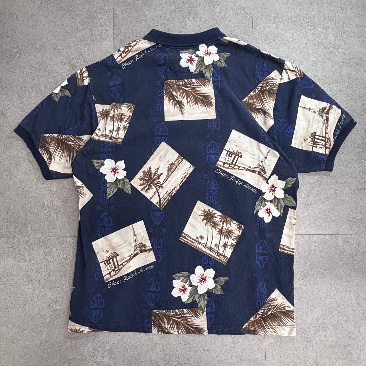 【CHAPS Ralph Lauren 総柄ポロシャツ】XXL ネイビー ハワイアン リゾート 総柄 半袖 コットン CHAPS Ralph Lauren/7-4